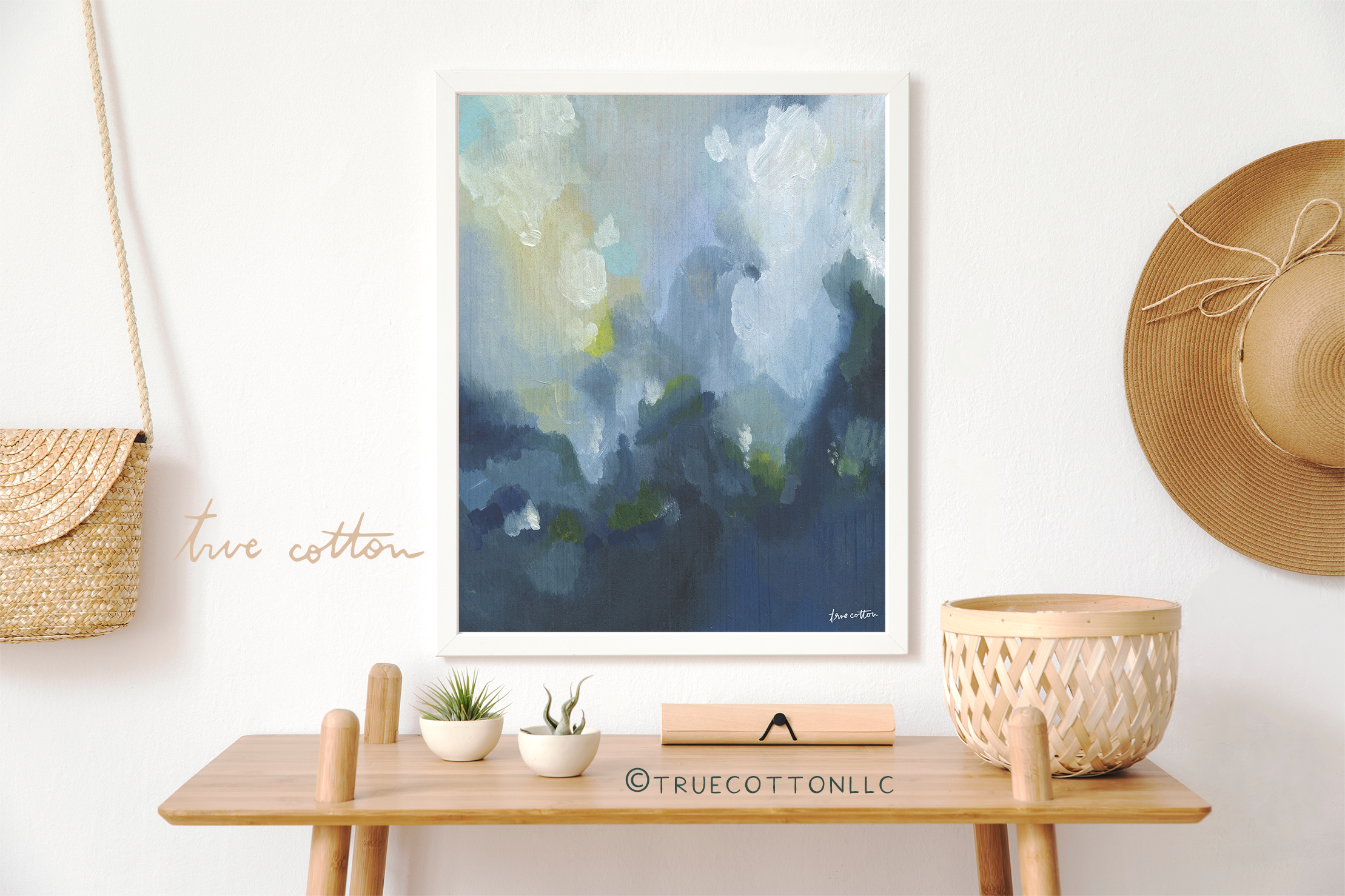 Clouds Abstract painting - blue, navy, yellow, green "God&