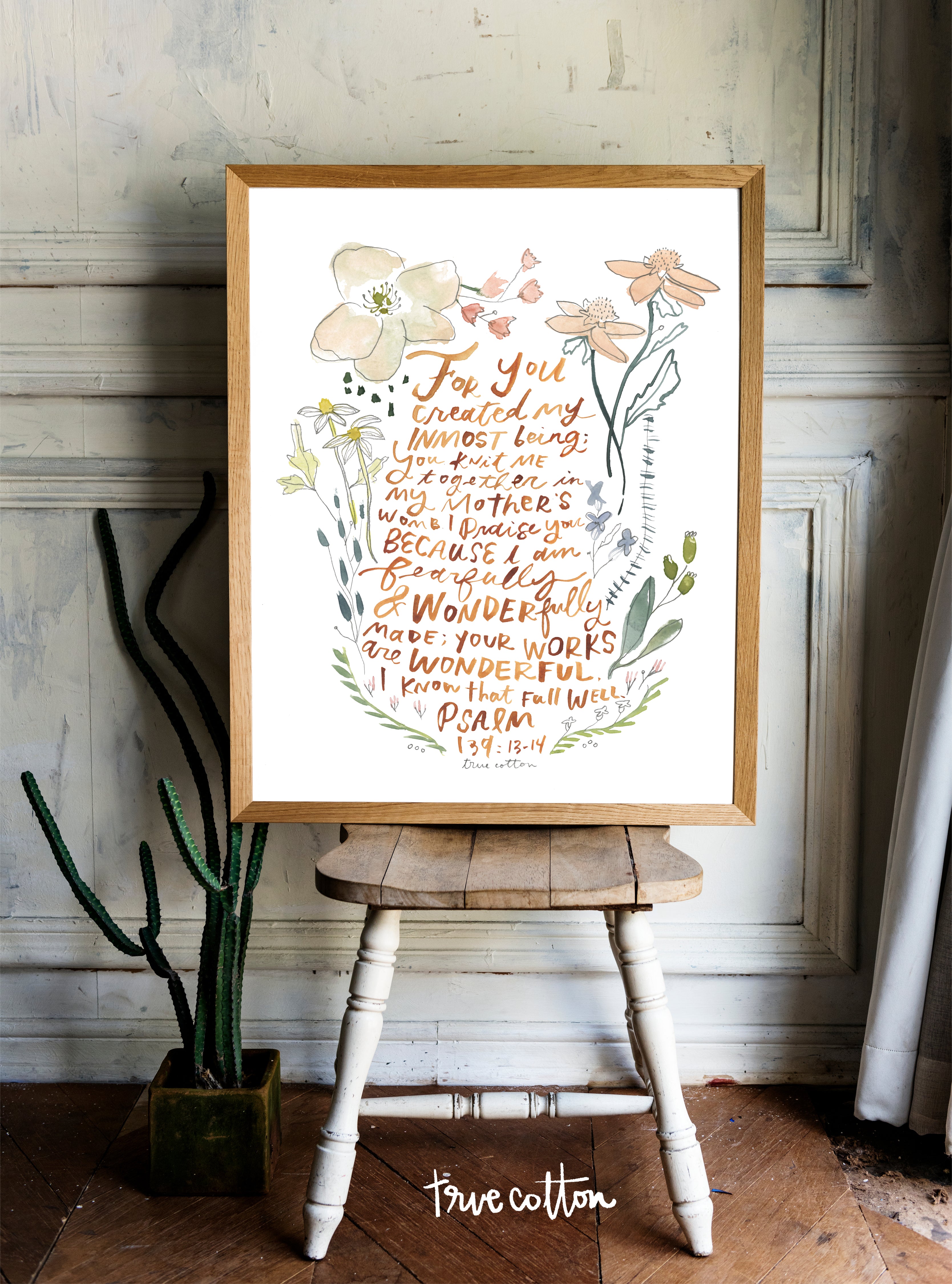 Psalm 139 Wonderfully Made Watercolor Nursery Floral Art PRINT