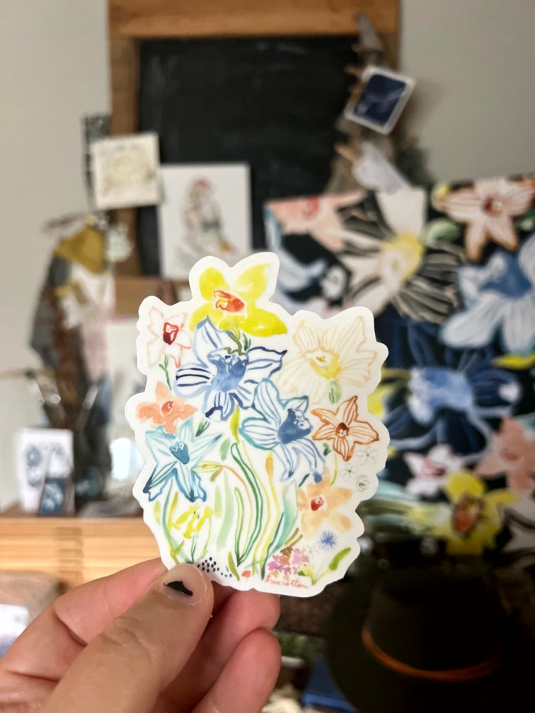 Lily of the Valley and Daffodils Oversized, Large 4" True Cotton Sticker for Waterbottle