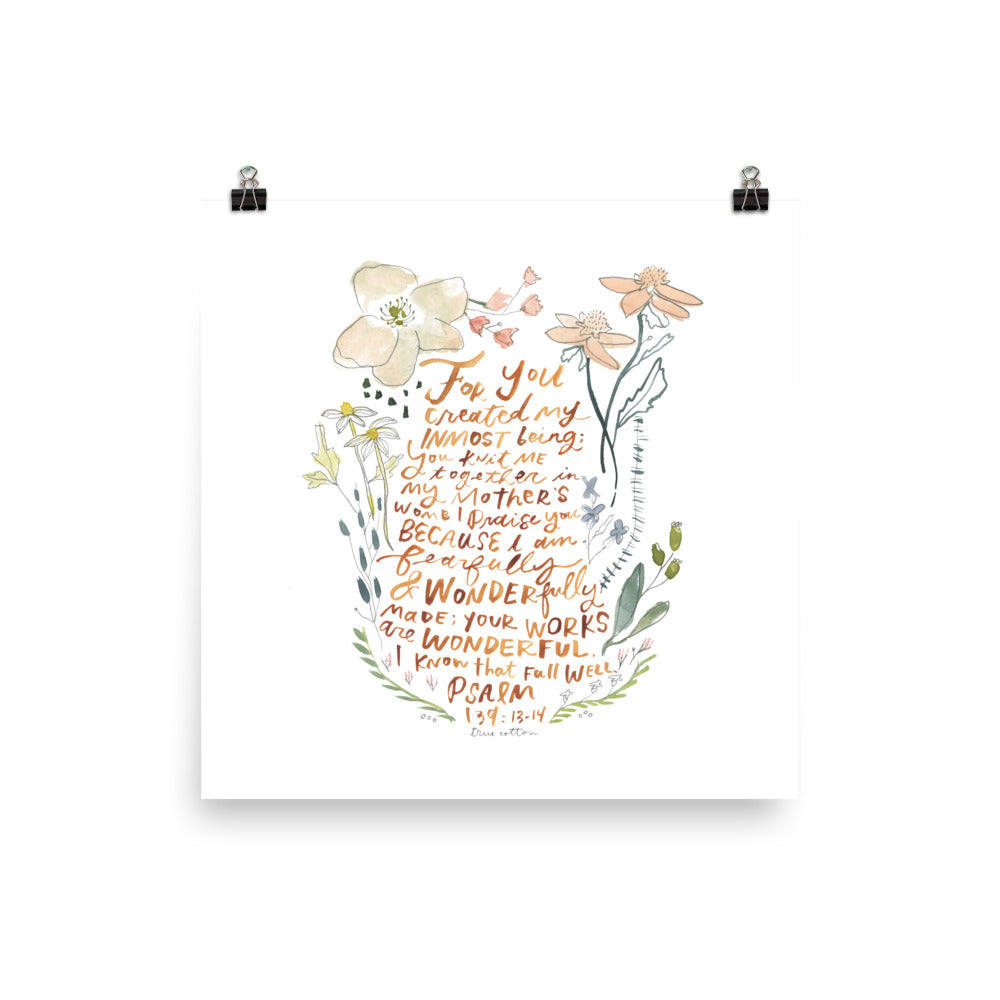 Psalm 139 Wonderfully Made Watercolor Nursery Floral Art PRINT