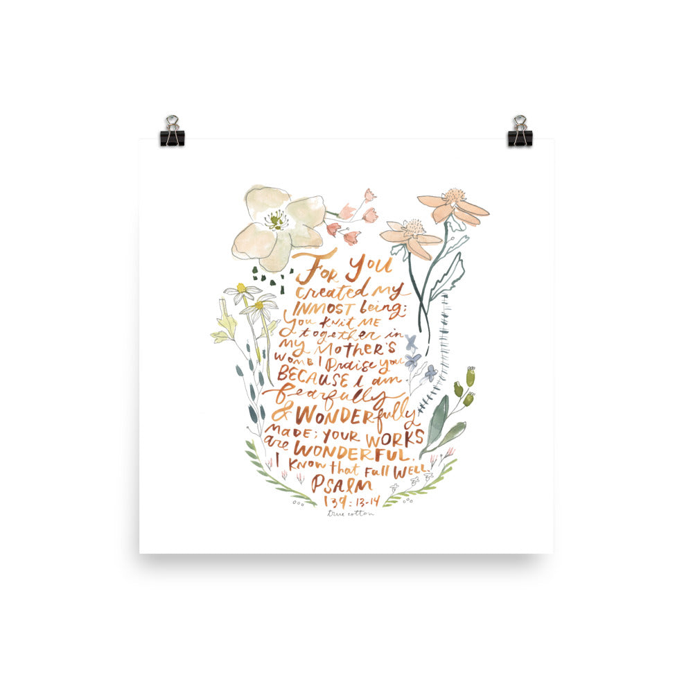 Psalm 139 Wonderfully Made Watercolor Nursery Floral Art PRINT