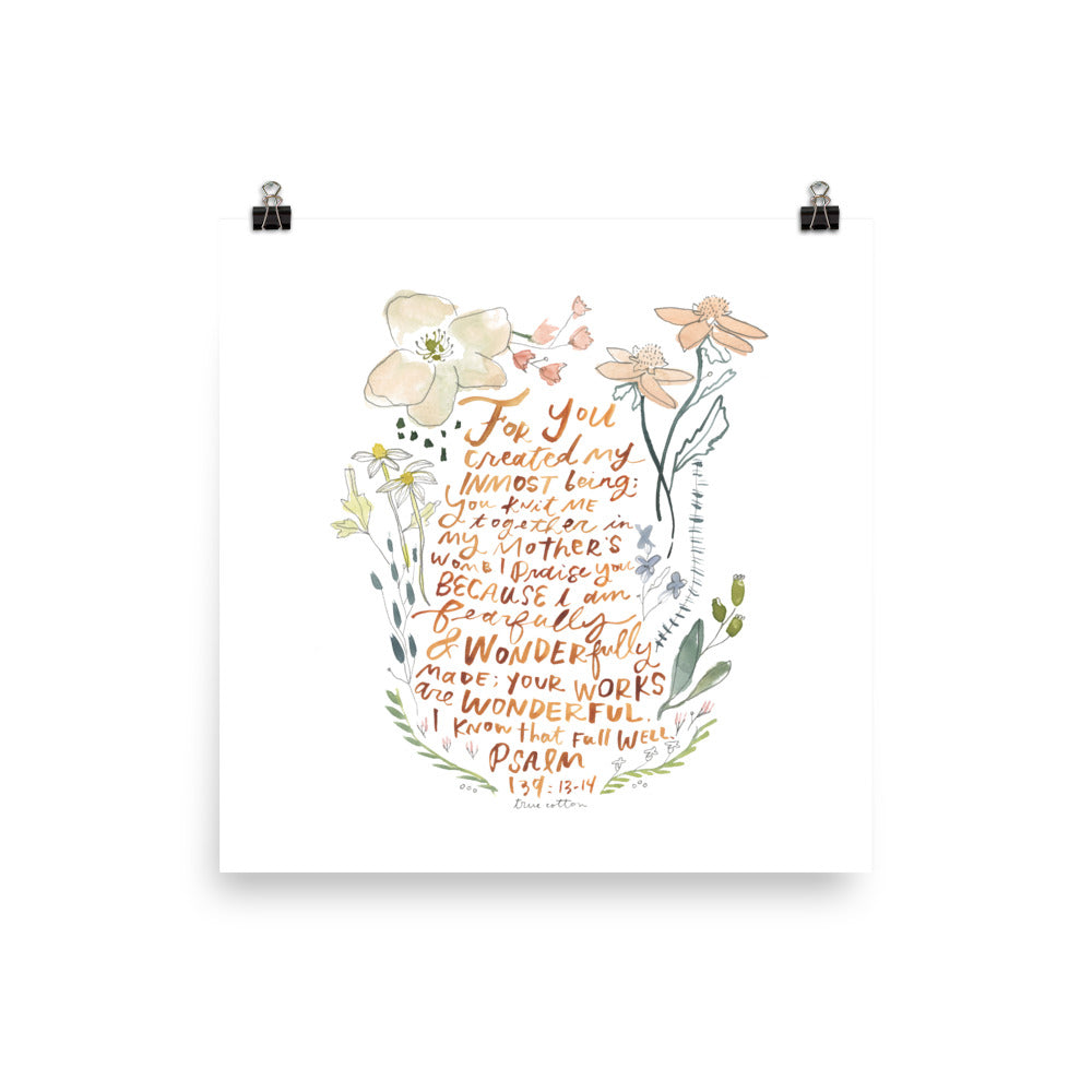 Psalm 139 Wonderfully Made Watercolor Nursery Floral Art PRINT