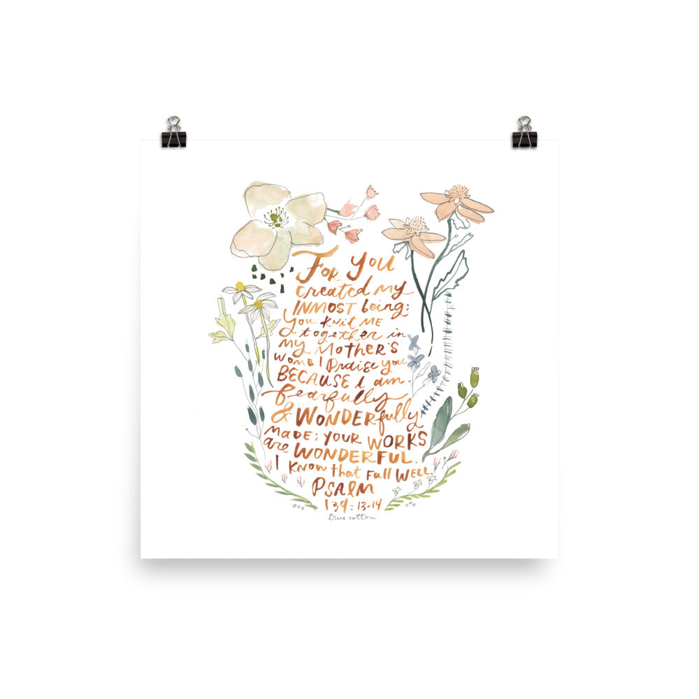Psalm 139 Wonderfully Made Watercolor Nursery Floral Art PRINT