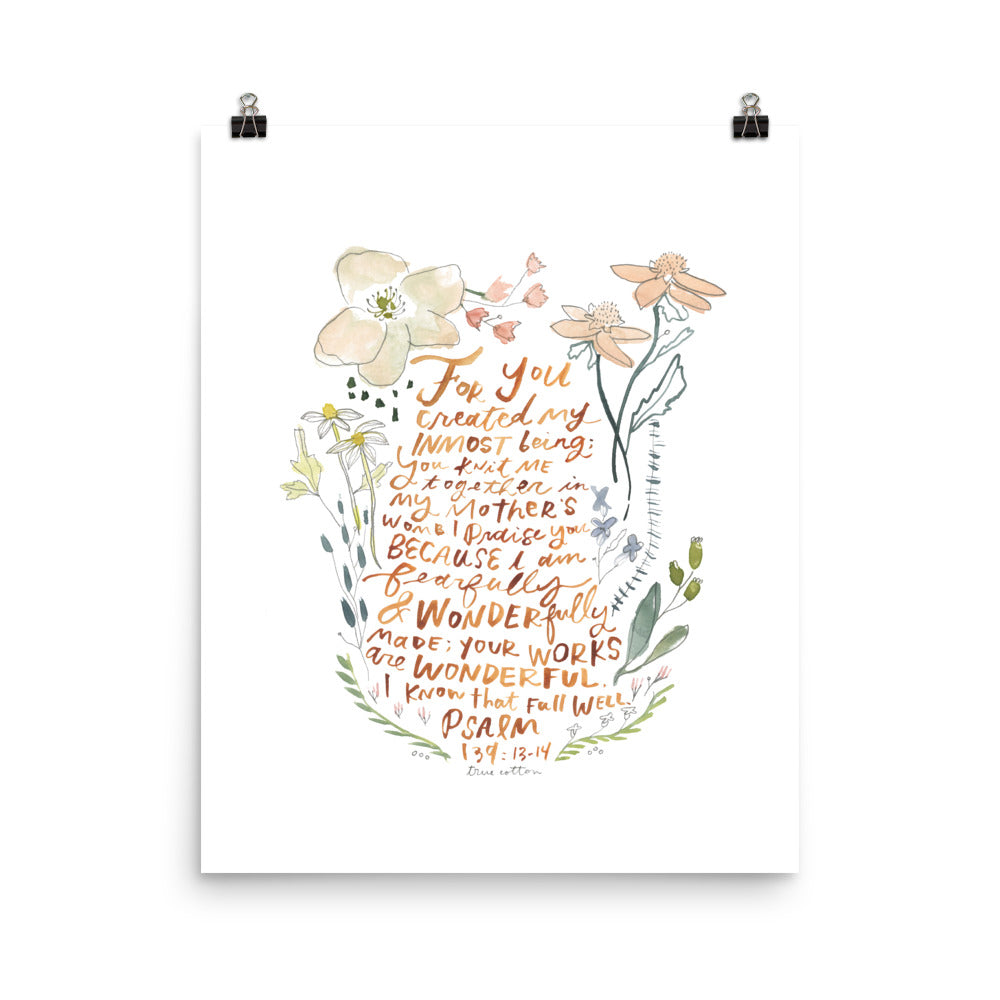 Psalm 139 Wonderfully Made Watercolor Nursery Floral Art PRINT