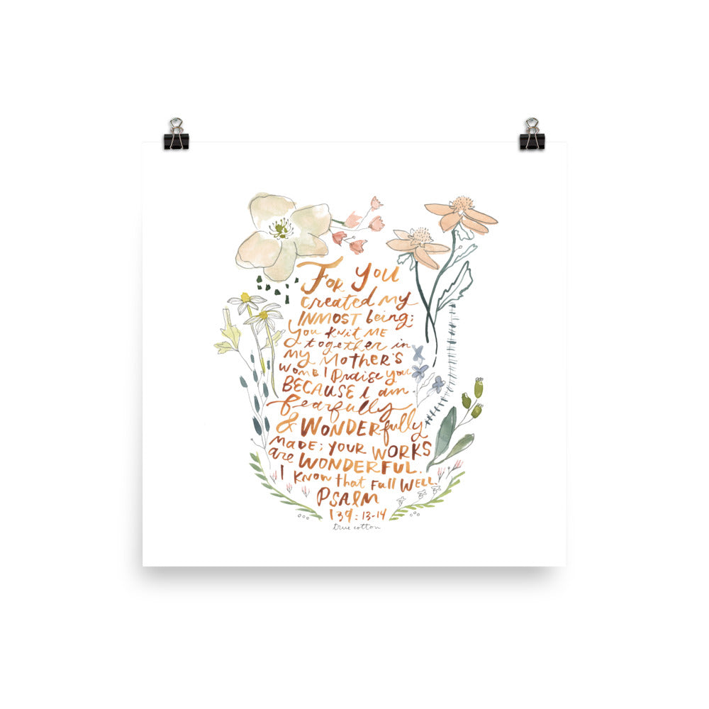 Psalm 139 Wonderfully Made Watercolor Nursery Floral Art PRINT