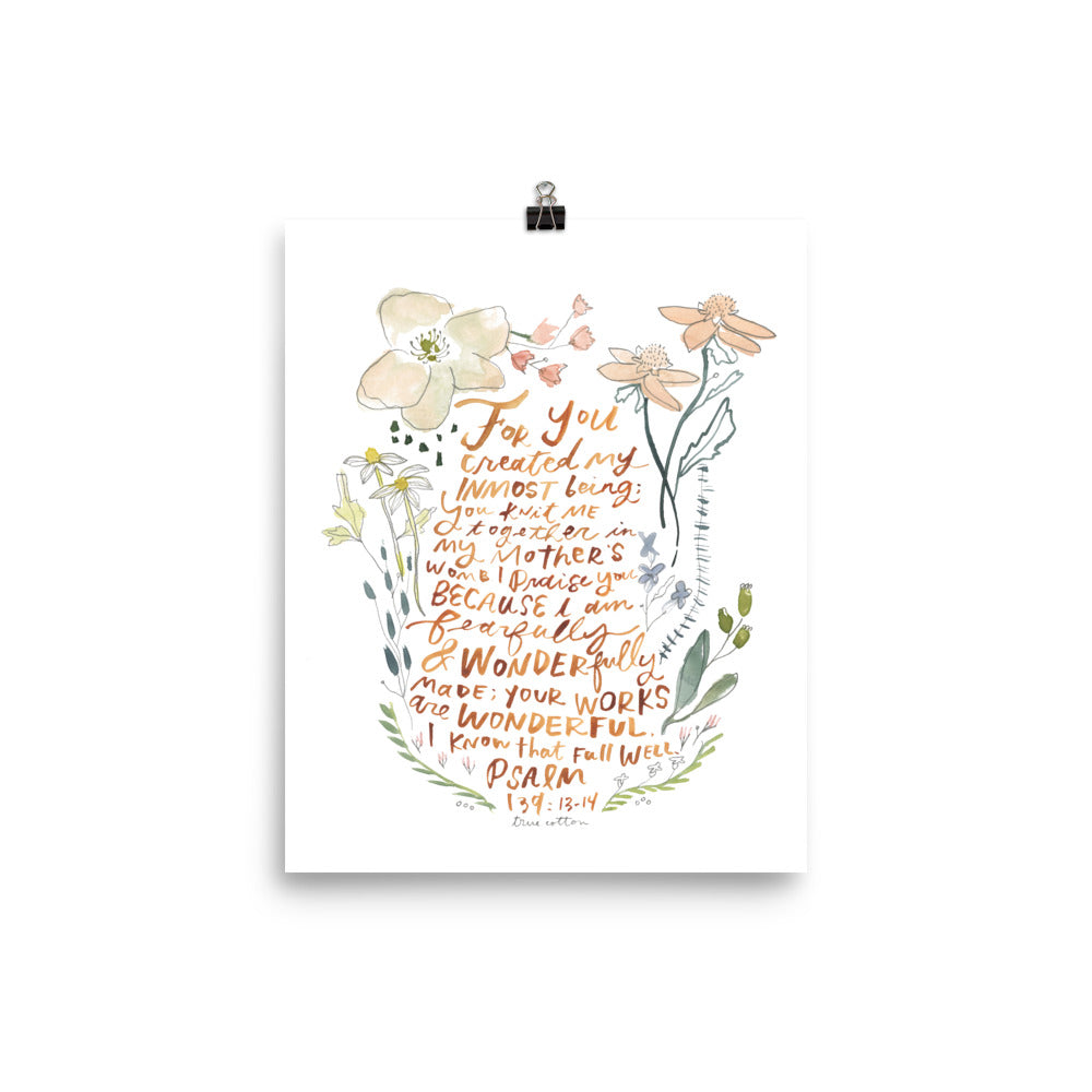 Psalm 139 Wonderfully Made Watercolor Nursery Floral Art PRINT