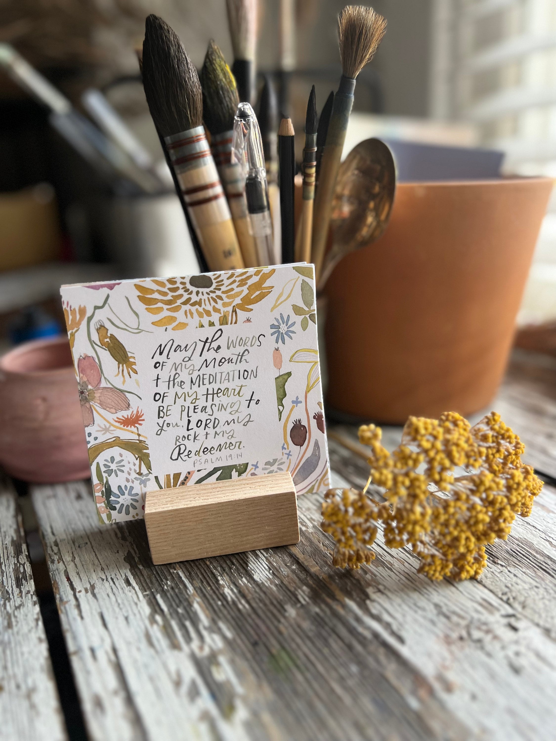 Psalms Bible Verse Scripture Cards | Set of 6, 12 verses, botanical Watercolor Art with handmade Wooden Stand True Cotton