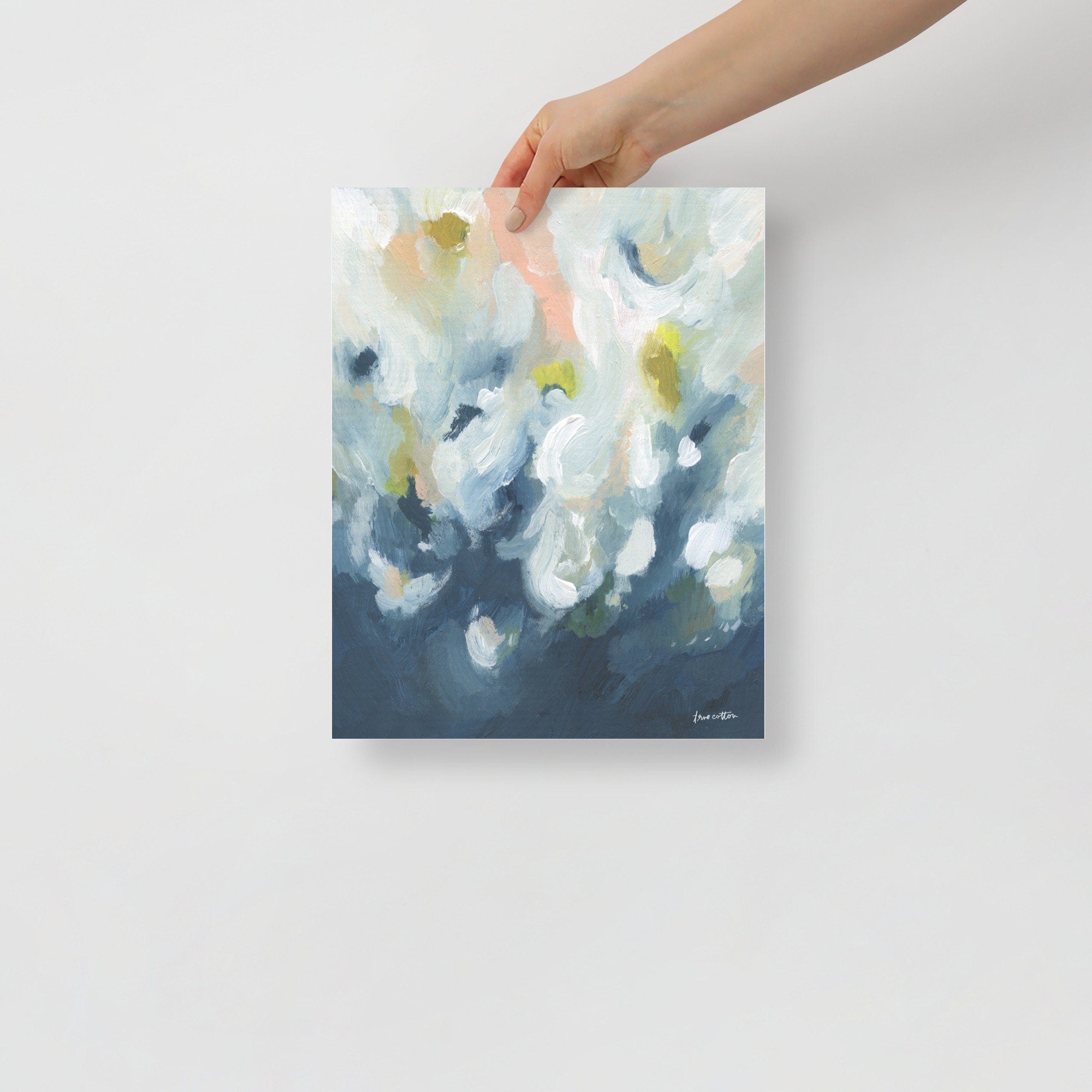 Abstract painting - pink, blue, yellow, navy, white "God&