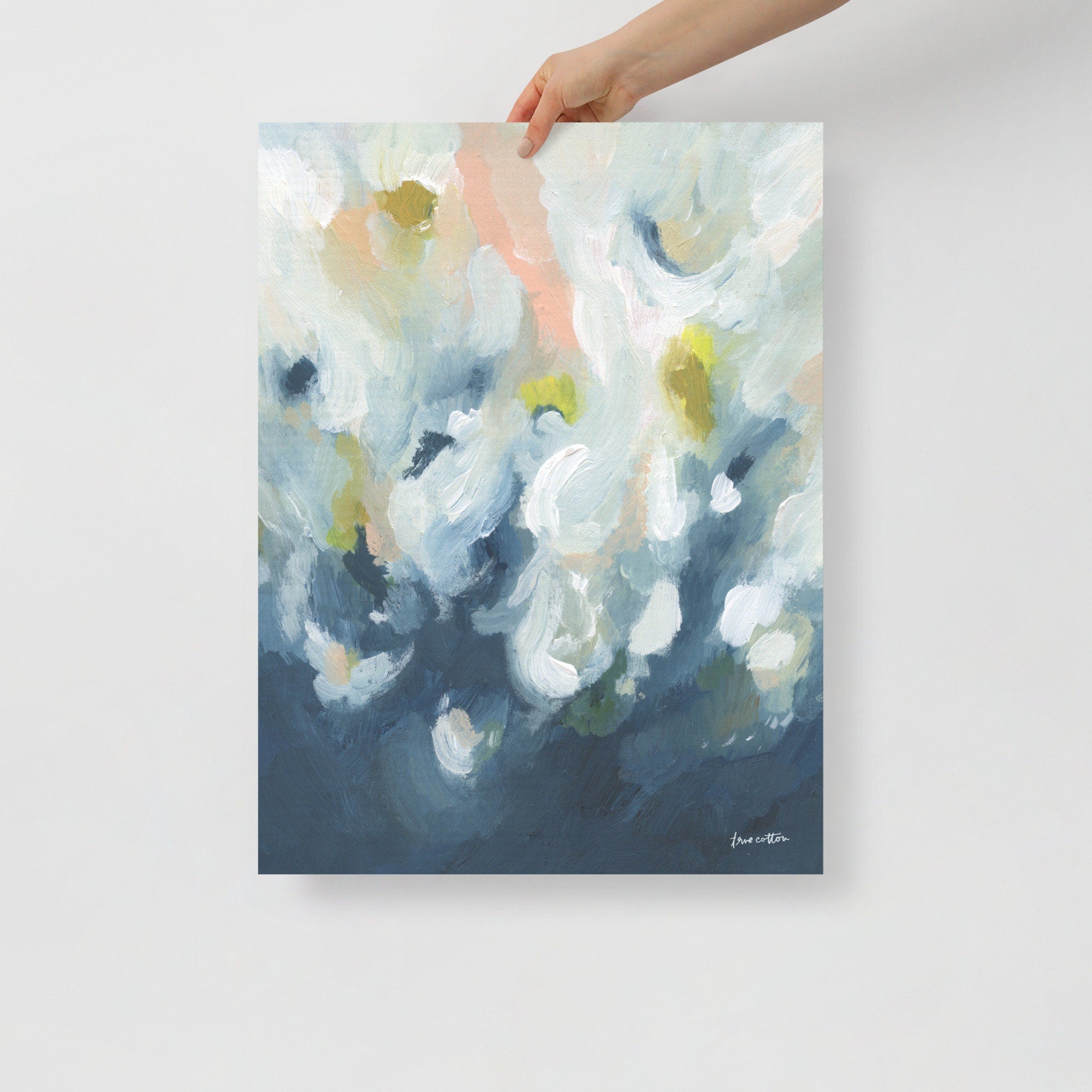 Abstract painting - pink, blue, yellow, navy, white "God&