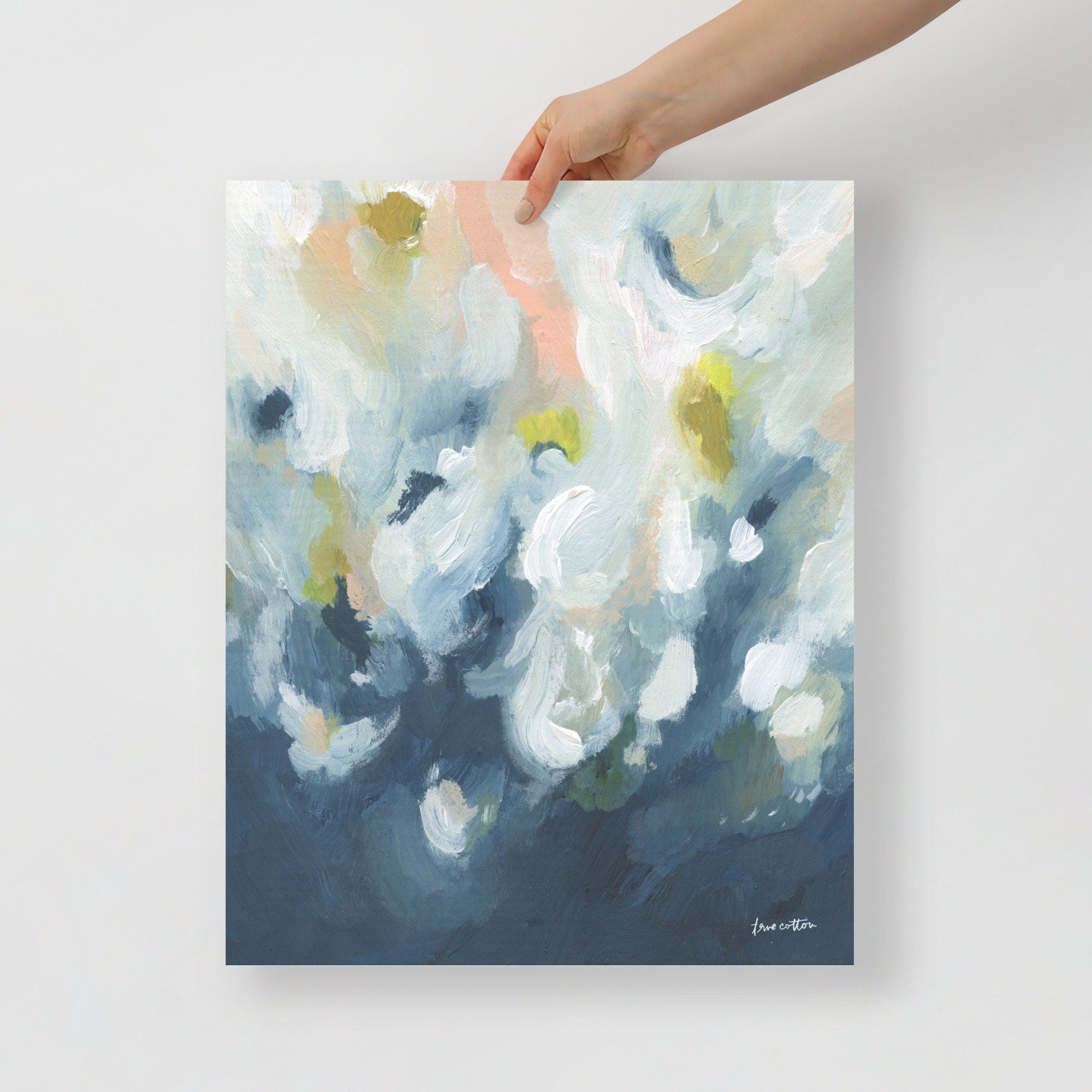 Abstract painting - pink, blue, yellow, navy, white "God&