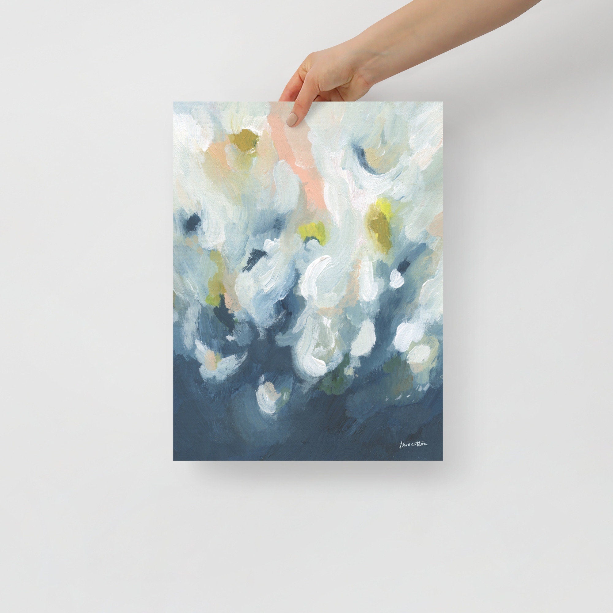 Abstract painting - pink, blue, yellow, navy, white "God&