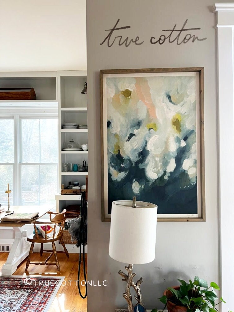 Abstract painting - pink, blue, yellow, navy, white "God&