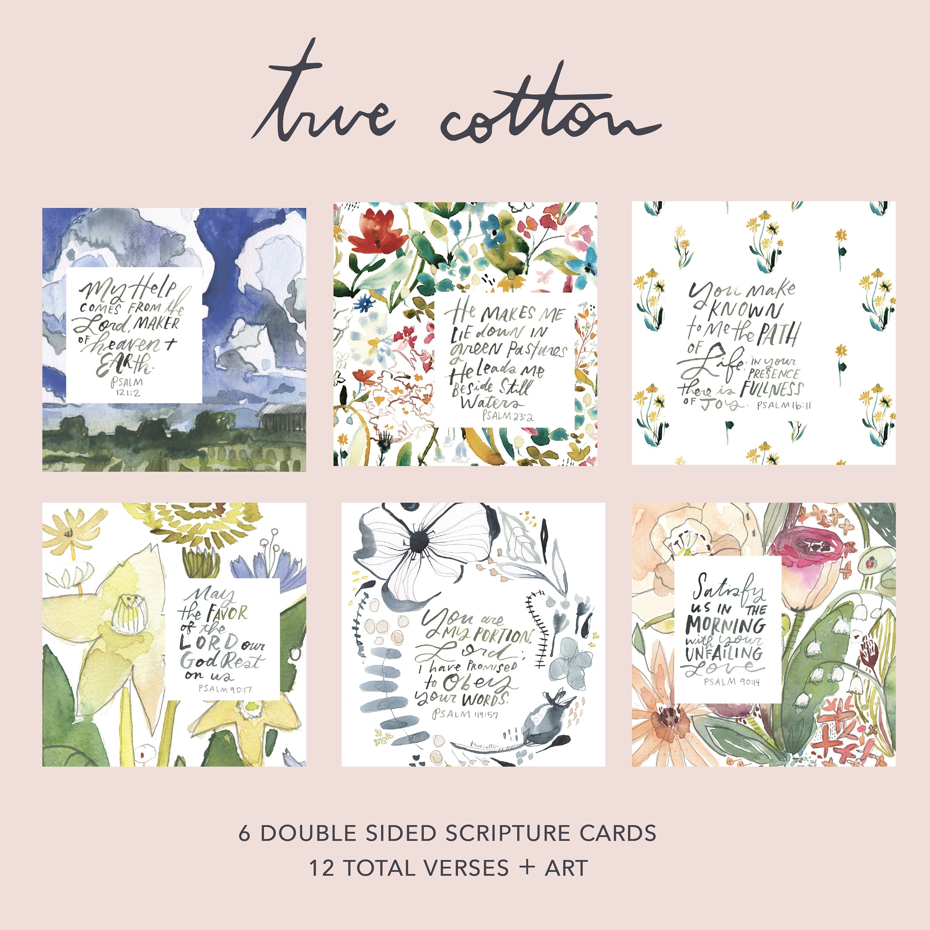 Psalms Bible Verse Scripture Cards | Set of 6, 12 verses, botanical Watercolor Art with handmade Wooden Stand True Cotton