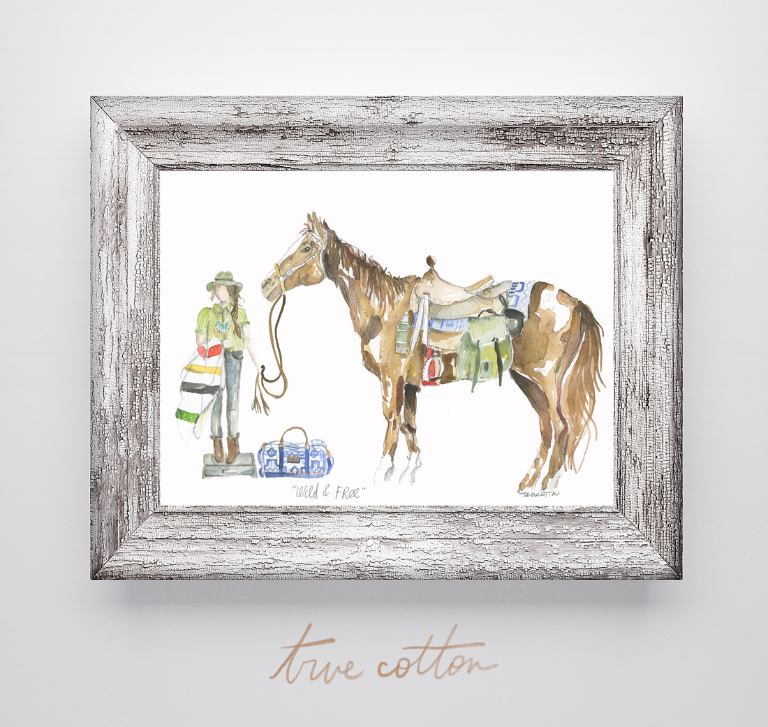 Wild and Free Girl with Horse Watercolor Art PRINT