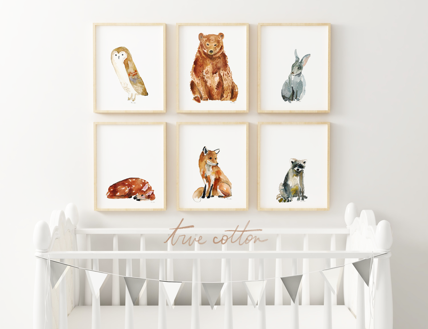 Woodland Animals- Fox Bear Bunny Fawn Owl Raccoon Art Print by True Cotton