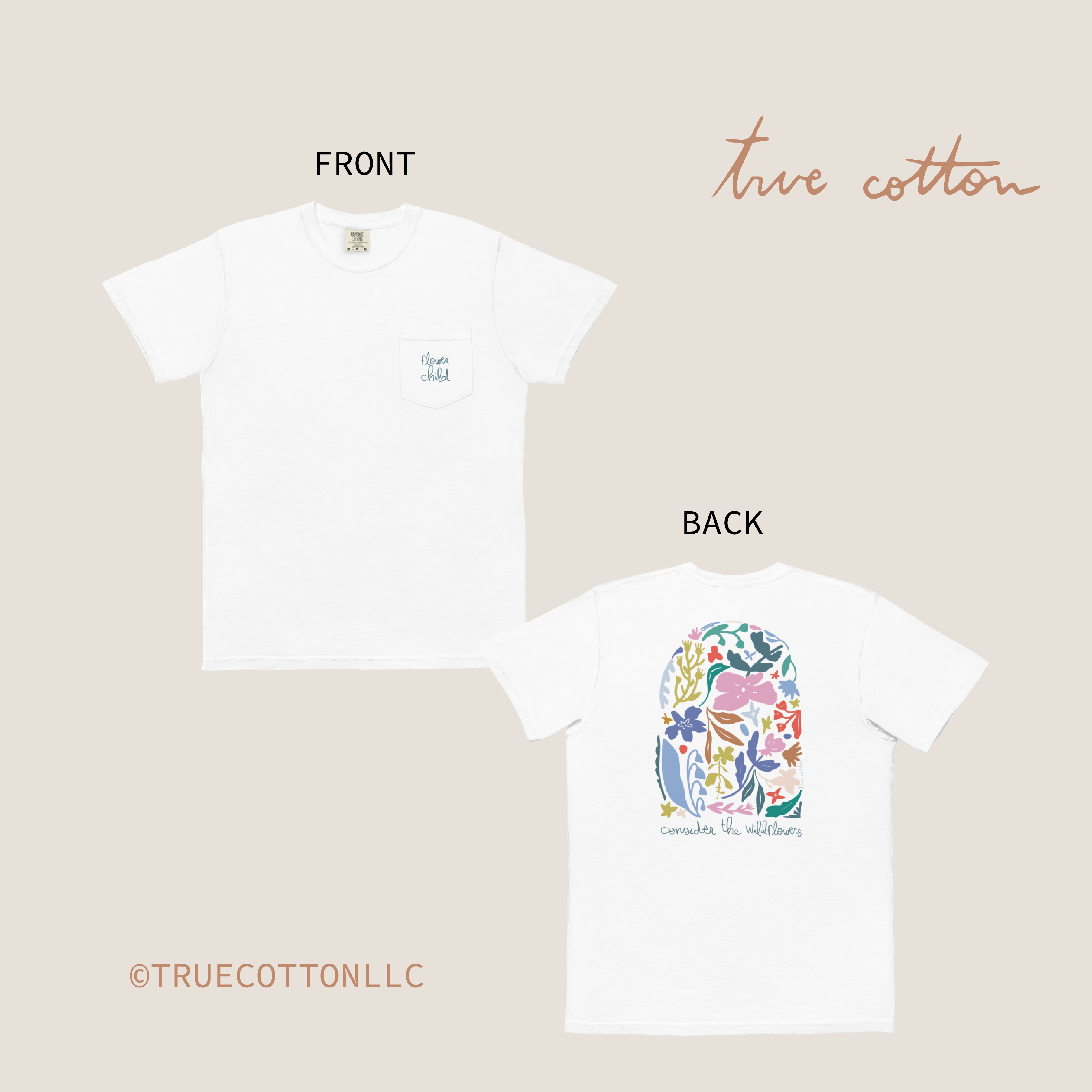 Comfort Colors® Christian Shirt, Pocket WHITE T Wildflowers, Flower Child Garment Dyed, CC 6030, True Cotton