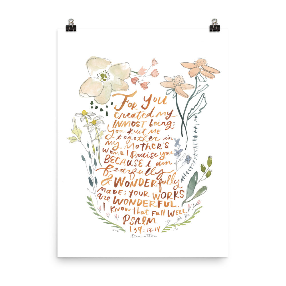 Psalm 139 Wonderfully Made Watercolor Nursery Floral Art PRINT