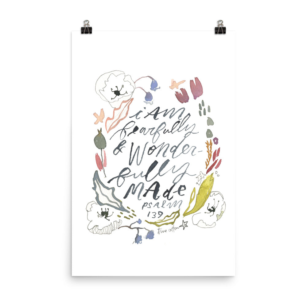 Wonderfully Made Psalm 139 Floral Watercolor Nursery Art Decor PRINT