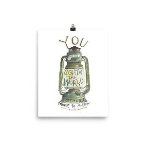 Open image in slideshow, Green Camping Lantern &#39;Light of the World&#39; Boys Room Nursery Watercolor Adventure Print
