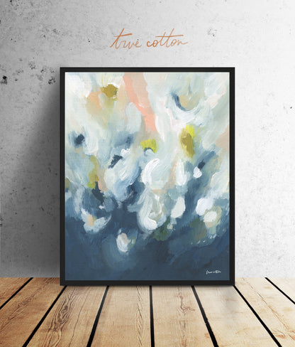 Abstract painting - pink, blue, yellow, navy, white &quot;God&