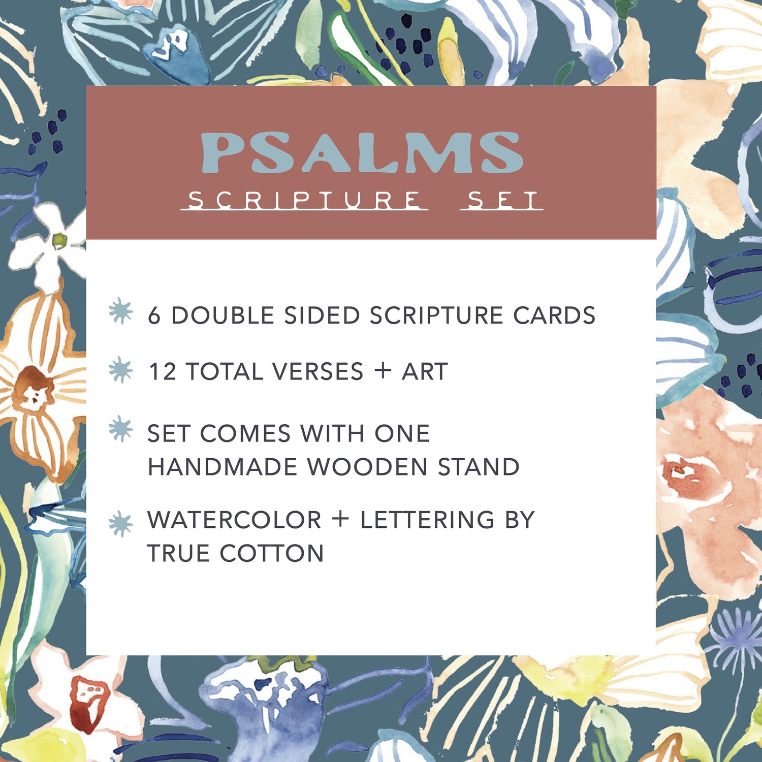 Psalms Bible Verse Scripture Cards | Set of 6, 12 verses, botanical Watercolor Art with handmade Wooden Stand True Cotton